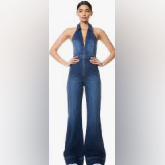 •Alice + Olivia •Noemi Halter Neck Denim Jumpsuit •Worn once •Size: 28 - Picture 2 of 15